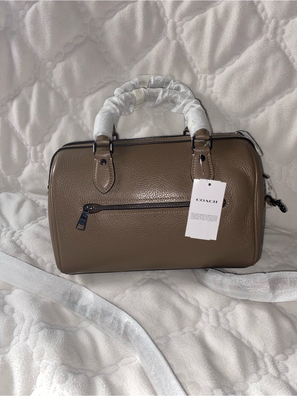 Pebbled Leather Satchel in Taupe with Top Handles - Picture 6 of 7